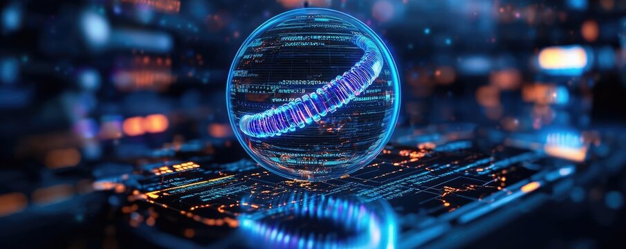 Futuristic digital sphere with glowing data circuits on a tech background.