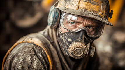 Fototapeta premium A weary miner in protective gear, focused and determined, showcasing the challenges of underground work in a rugged environment.