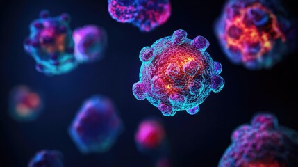 Colorful digital representation of virus cells on dark background.