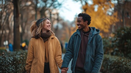 Obraz premium A couple from different ethnic backgrounds holding hands on a walk through an urban park, capturing their connection in a candid shot.