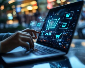 Entrepreneur using a hightech laptop with a virtual interface of online shopping services, focusing on fast and convenient deliveries