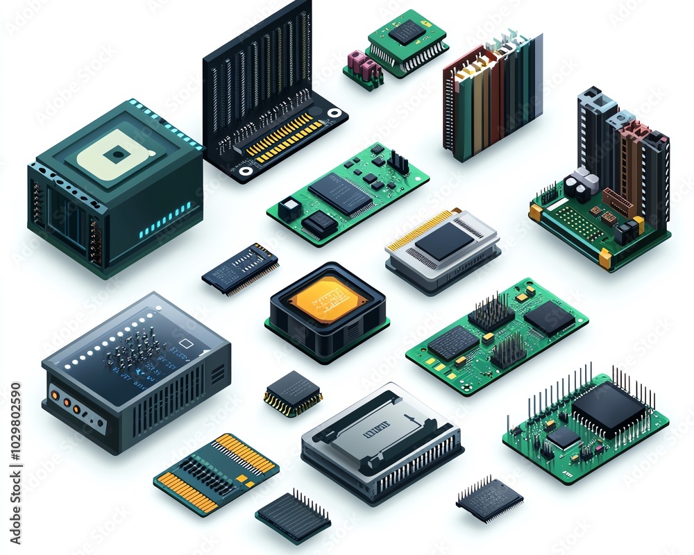 Poster isometric view of a modern set of processors, featuring microchips, capacitors, semiconductors, and 