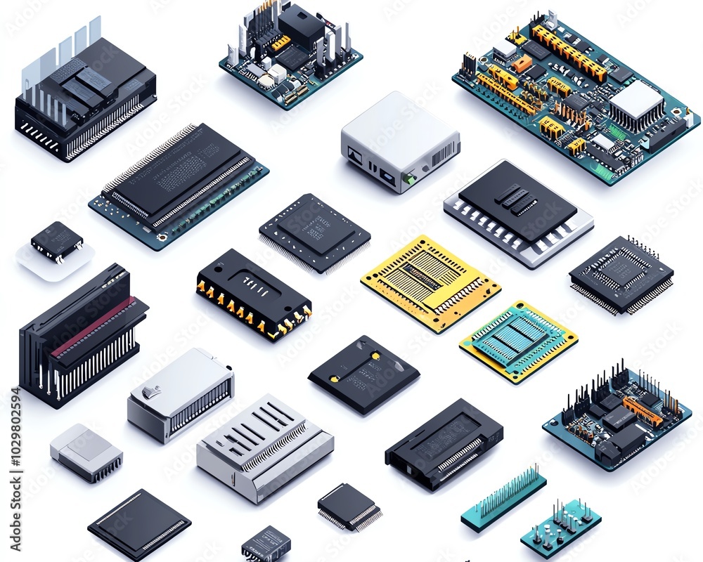 Aufkleber isometric view of a modern set of processors, featuring microchips, capacitors, semiconductors, and 