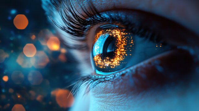 A detailed shot of a person's eye reflecting a smart device screen, showcasing the connection between human perception and AI-driven technology.