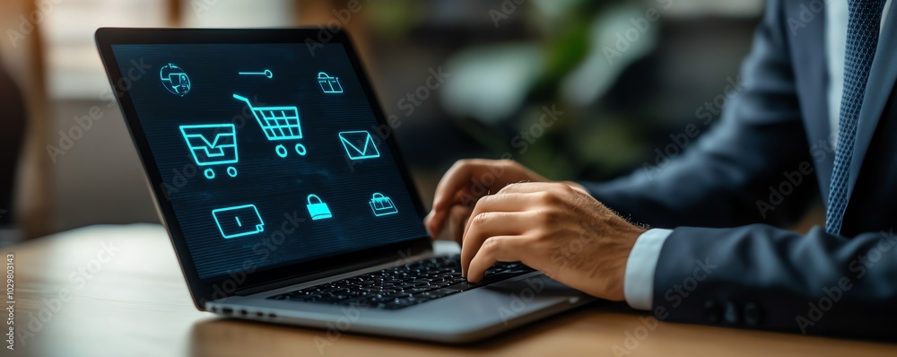 Poster a businessman in a corporate setting using a laptop, virtual screen showing online shopping features