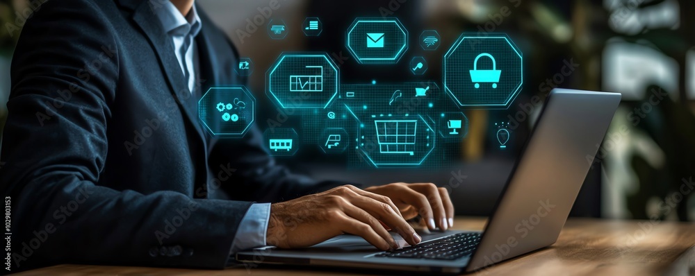 Poster a businessman in a corporate setting using a laptop, virtual screen showing online shopping features