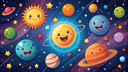 Naklejka premium Cute Solar System Illustrations for Kids Learning - Flat Design Cartoon Style Poster