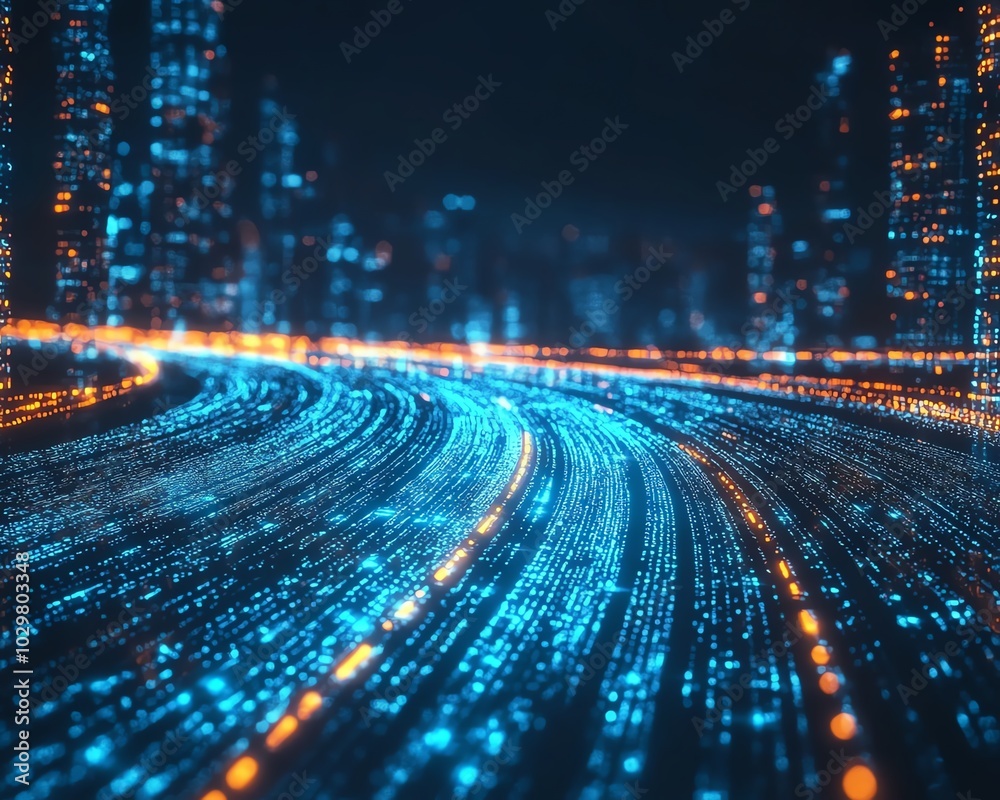 Fototapete a dynamic image of an information highway, showcasing streams of light weaving together to represent