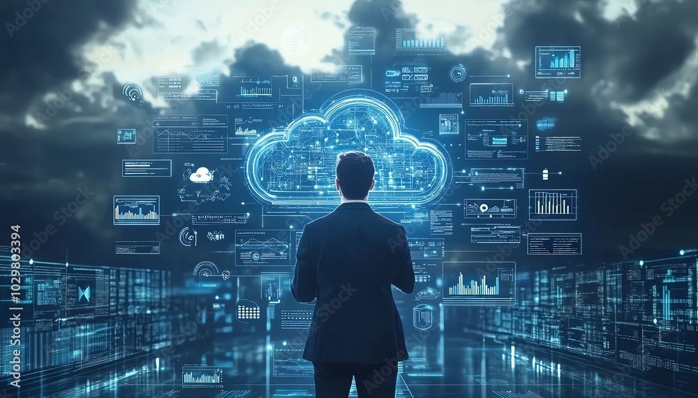Aufkleber a professional businessman showcasing cloud computing infographics and technology icons in a stockge