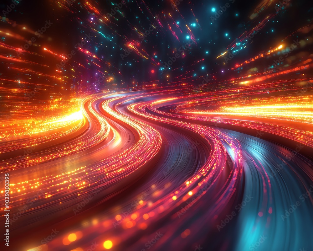 Fototapete a dynamic image of an information highway, showcasing streams of light weaving together to represent