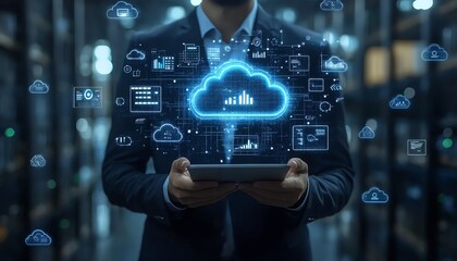 A professional businessman showcasing cloud computing infographics and technology icons in a stockgenerated concept of tech innovation