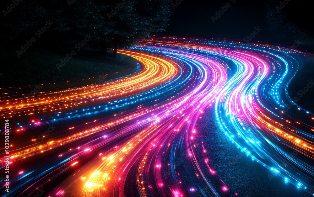 Fototapete abstract depiction of an information highway featuring vibrant streams of light flowing in multiple 