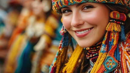 Fototapeta premium A detailed shot of a person smiling while wearing traditional clothing, with intricate patterns and colors in focus, celebrating cultural diversity.