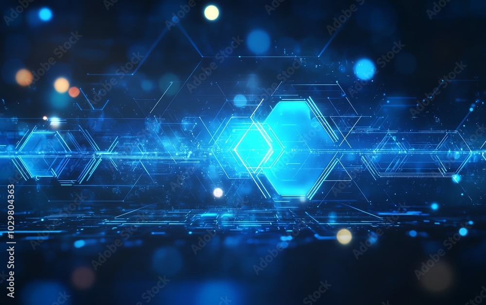 Poster Bold abstract blue banner design for a technology website, showcasing interconnected lines and shapes to symbolize connectivity and advancement