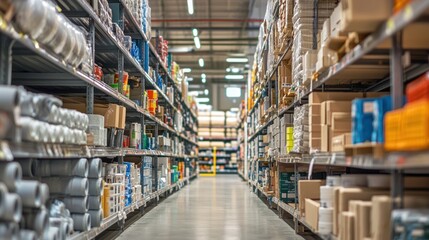 An aisle in a hardware store filled with different types of construction materials like pipes and insulation.