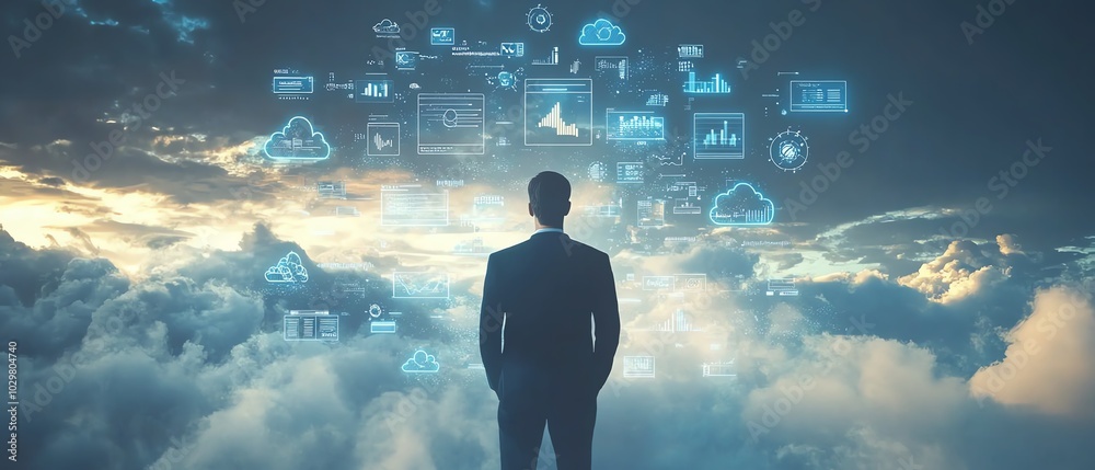 Poster creative stock image depicting a businessman with cloud computing infographics and tech icons, illus