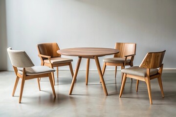 Round wooden coffee table with chairs and neutral background