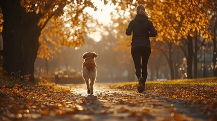 A dog and its owner jogging together in a park, highlighting the bond and shared activity, with trees and sunlight creating a peaceful setting.