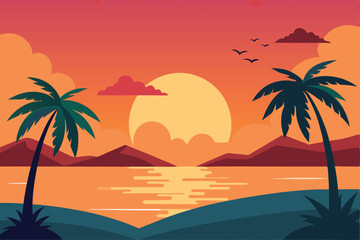 Summer landscape sea, palm and sunset vector background