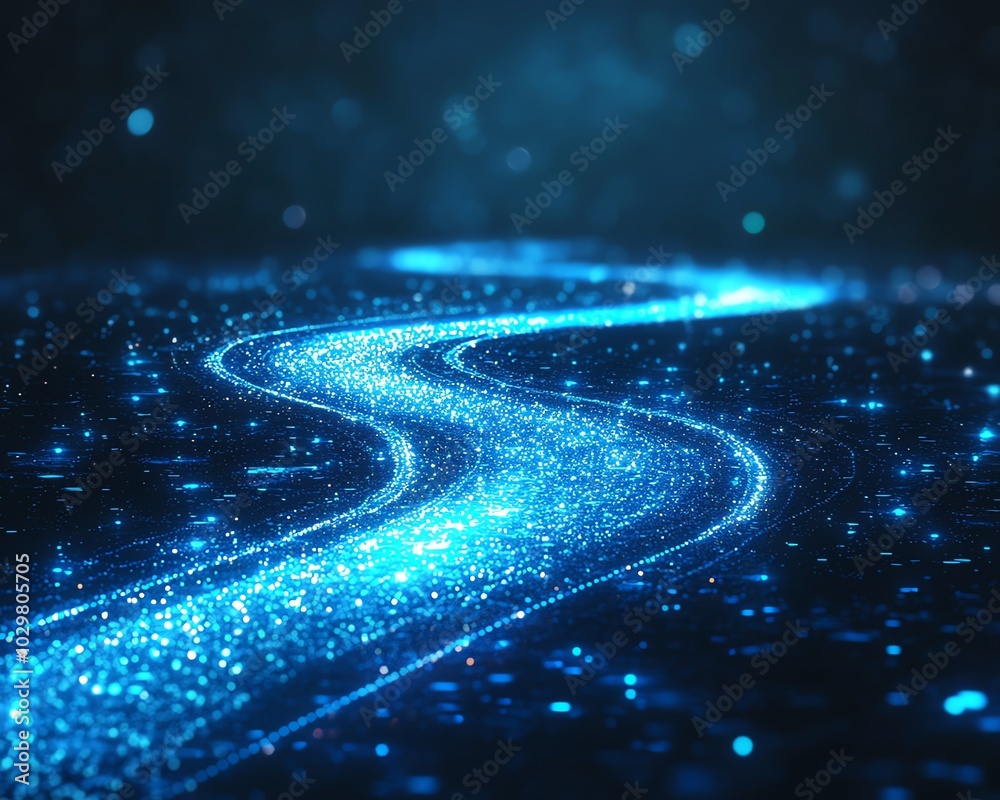 Poster Illustration of blue abstract lines leading in a specific direction on a digital tech background, symbolizing progress and innovation