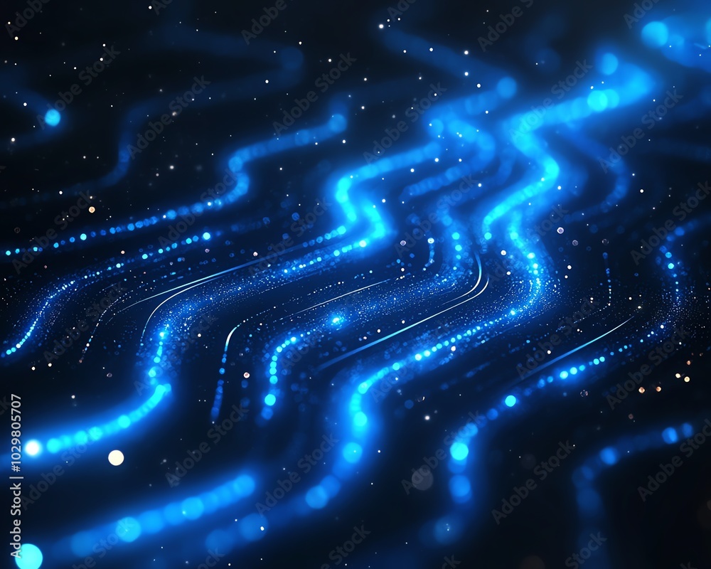 Poster Illustration of blue abstract lines leading in a specific direction on a digital tech background, symbolizing progress and innovation