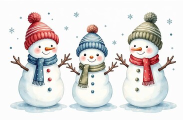 Set of cute watercolor little snowmen with hats and scarfs
