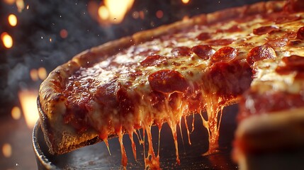 pizza with melted cheese on dark wooden background.