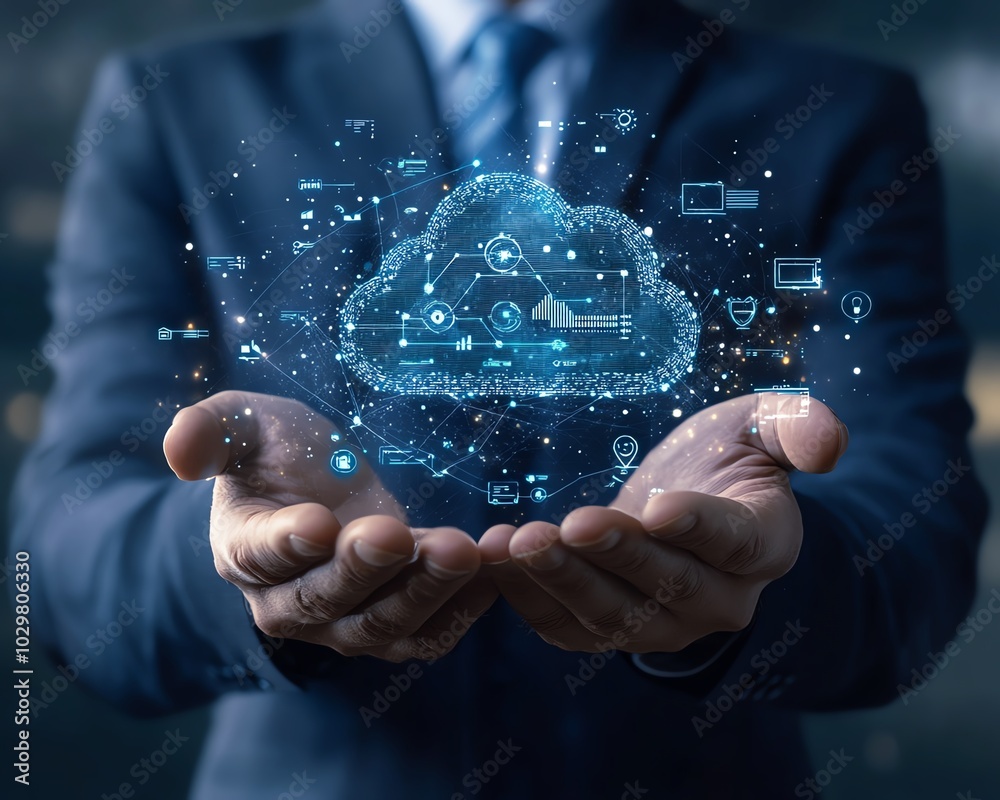 Poster stock image of a businessman holding cloud computing infographics, surrounded by technology icons, r