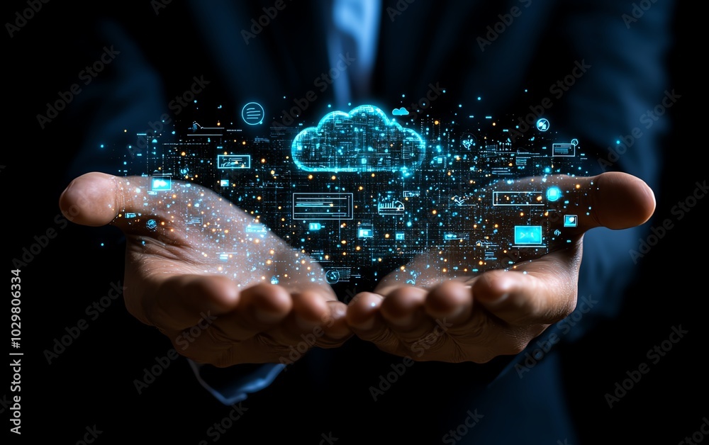 Aufkleber professional image of a businessman displaying cloud computing data and technology icons, emphasizin
