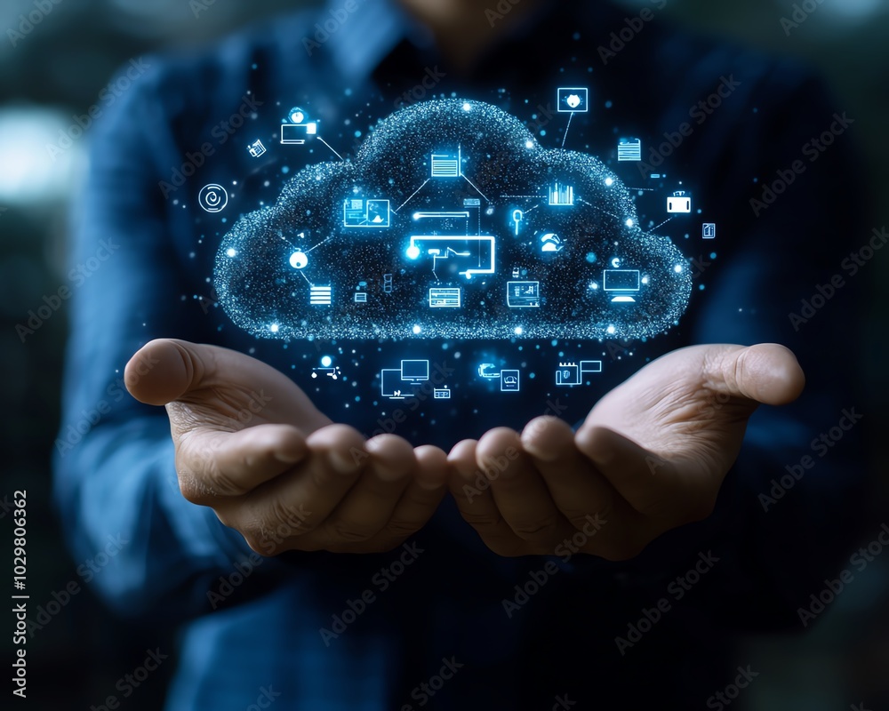 Poster stock image of a businessman holding cloud computing infographics, surrounded by technology icons, r