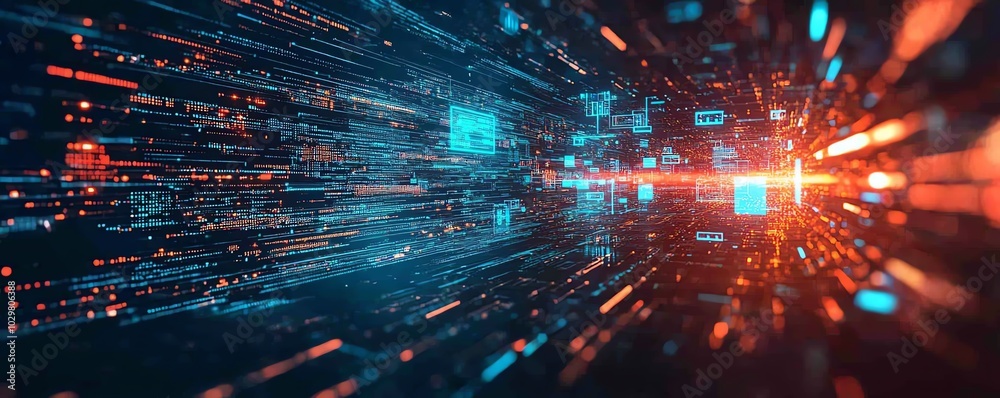 Poster Stock image of a cyber technology landscape, showcasing innovative elements like AI, cybersecurity, and advanced data analytics