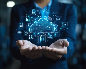 Stock image of a businessman holding cloud computing infographics, surrounded by technology icons, representing innovation and digital transformation