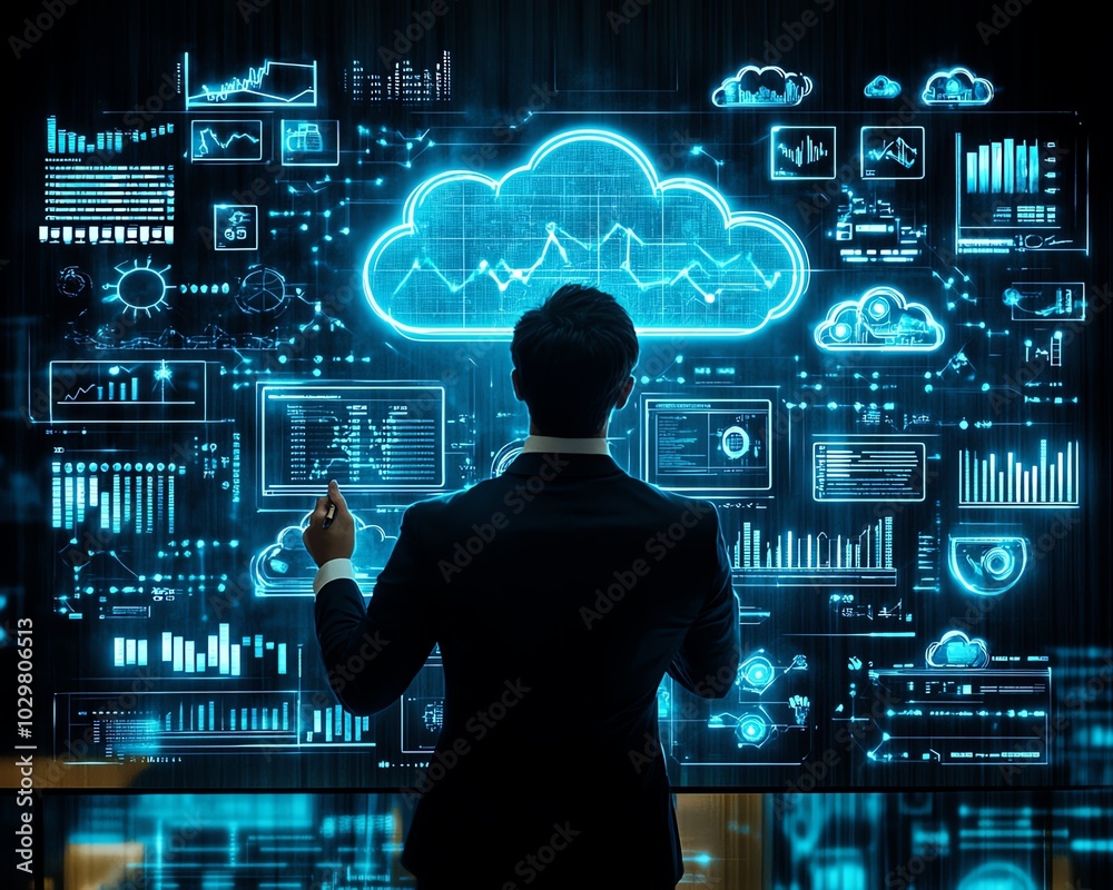 Aufkleber Stockgenerated image of a businessman interacting with cloud computing infographics, surrounded by digital technology icons representing transformation