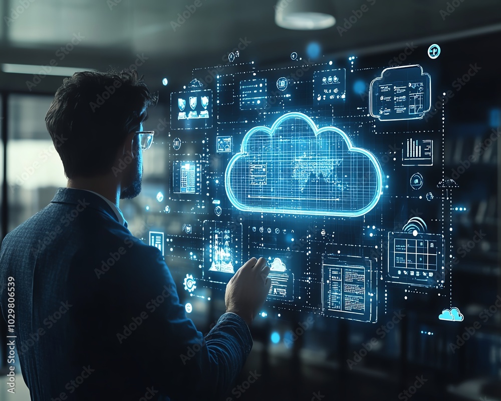 Aufkleber stockgenerated image of a businessman interacting with cloud computing infographics, surrounded by d