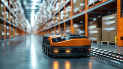 Robotic AGV in Modern Warehouse for Efficient Logistics. Robotic AGV operates in a modern warehouse, Advanced logistics technology for efficient movement and management of goods in industrial