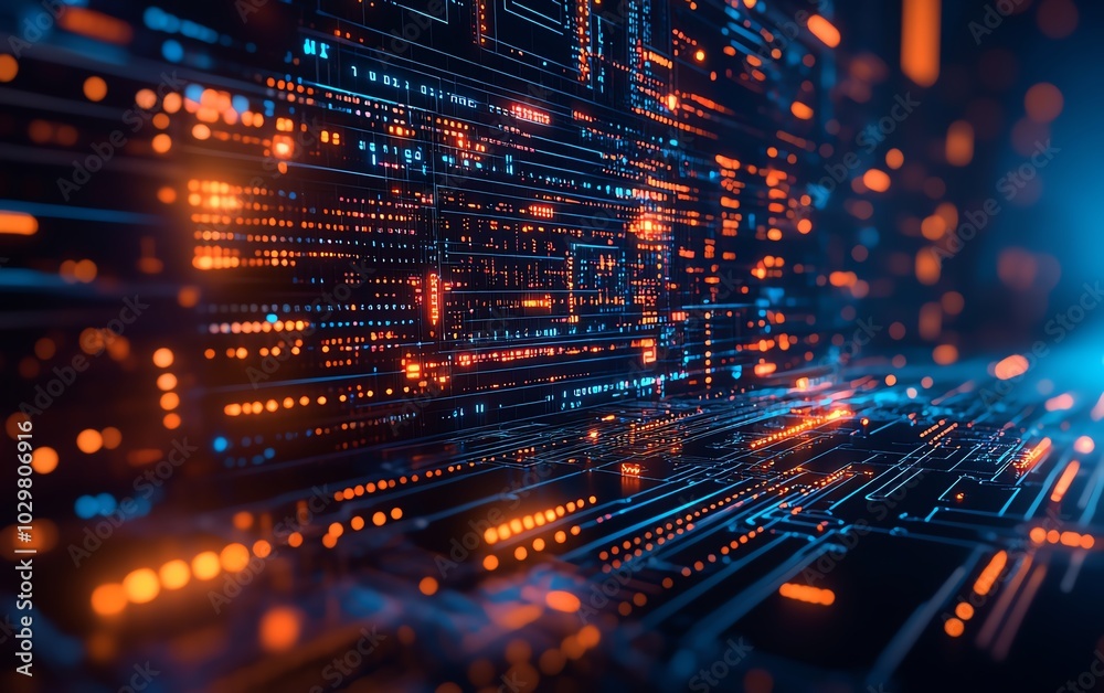 Aufkleber Visual representation of innovation in cyber technology, including circuit boards, data flow graphics, and modern tech interfaces in a stock image