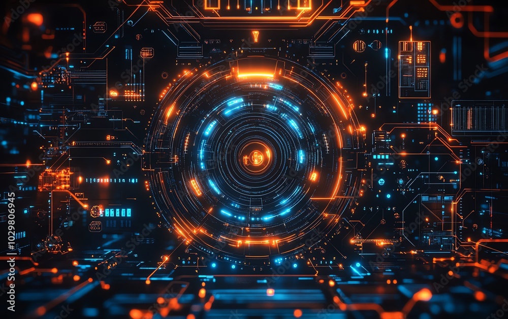 Aufkleber Visual representation of innovation in cyber technology, including circuit boards, data flow graphics, and modern tech interfaces in a stock image