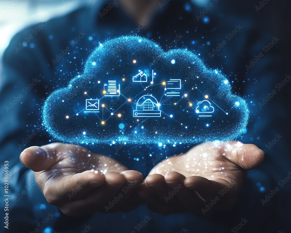 Aufkleber Visual representation of a businessman holding cloud computing charts and tech icons, capturing the essence of innovation and digital change in a stock image