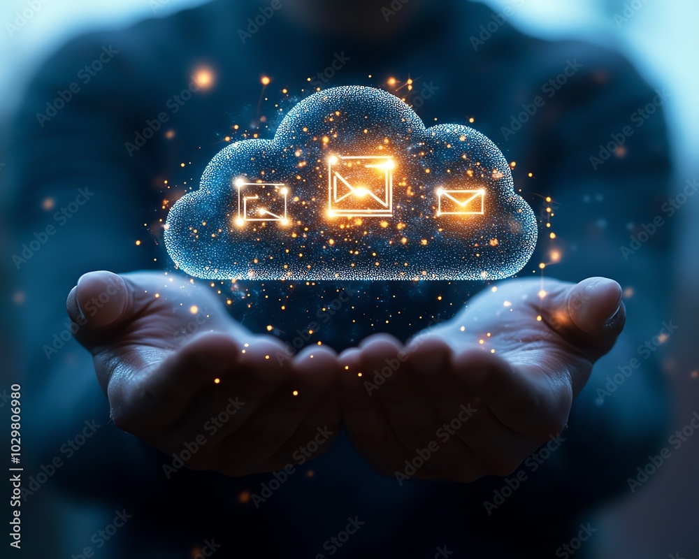 Fototapete visual representation of a businessman holding cloud computing charts and tech icons, capturing the 