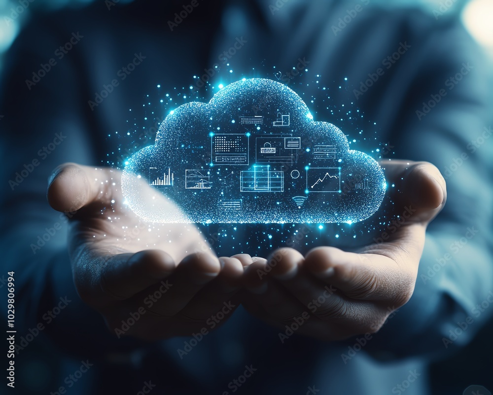 Fototapete visual representation of a businessman holding cloud computing charts and tech icons, capturing the 