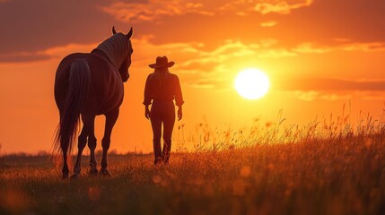 Fototapeta premium A heartwarming photo of a horse and its owner walking together at sunset, capturing the companionship and trust in their bond.