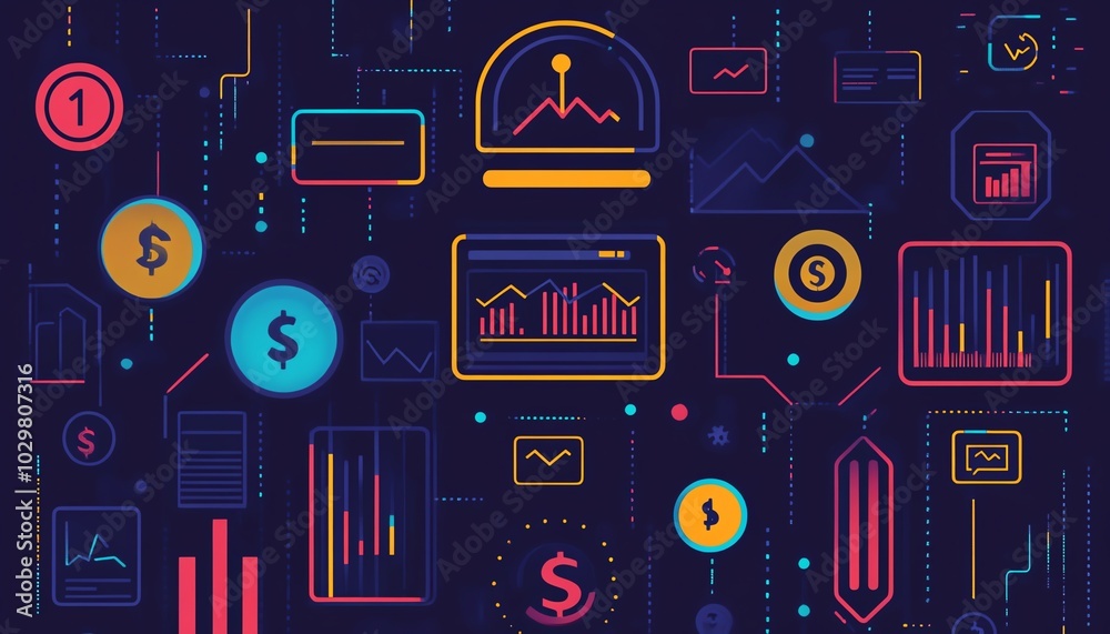 Poster abstract background featuring financial technology icons, showcasing modern digital finance elements