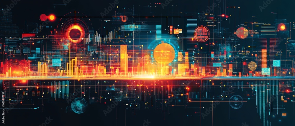 Poster Abstract design showcasing financial technology elements, representing the synergy between finance and innovation in a visually engaging format