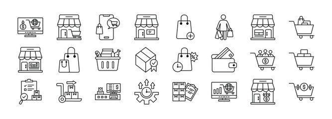 Ecommerce thin line icon set. Containing Ecommerce, Retail, Online Shopping, Marketplace, Bag Plus