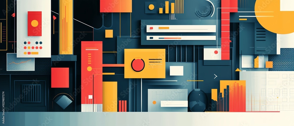 Poster Creative abstract image featuring fintech icons, emphasizing modern financial solutions and digital transformation in a captivating layout