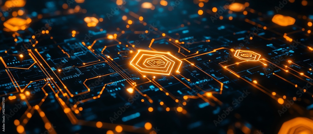 Poster dynamic abstract background with a focus on financial technology symbols, representing the evolution