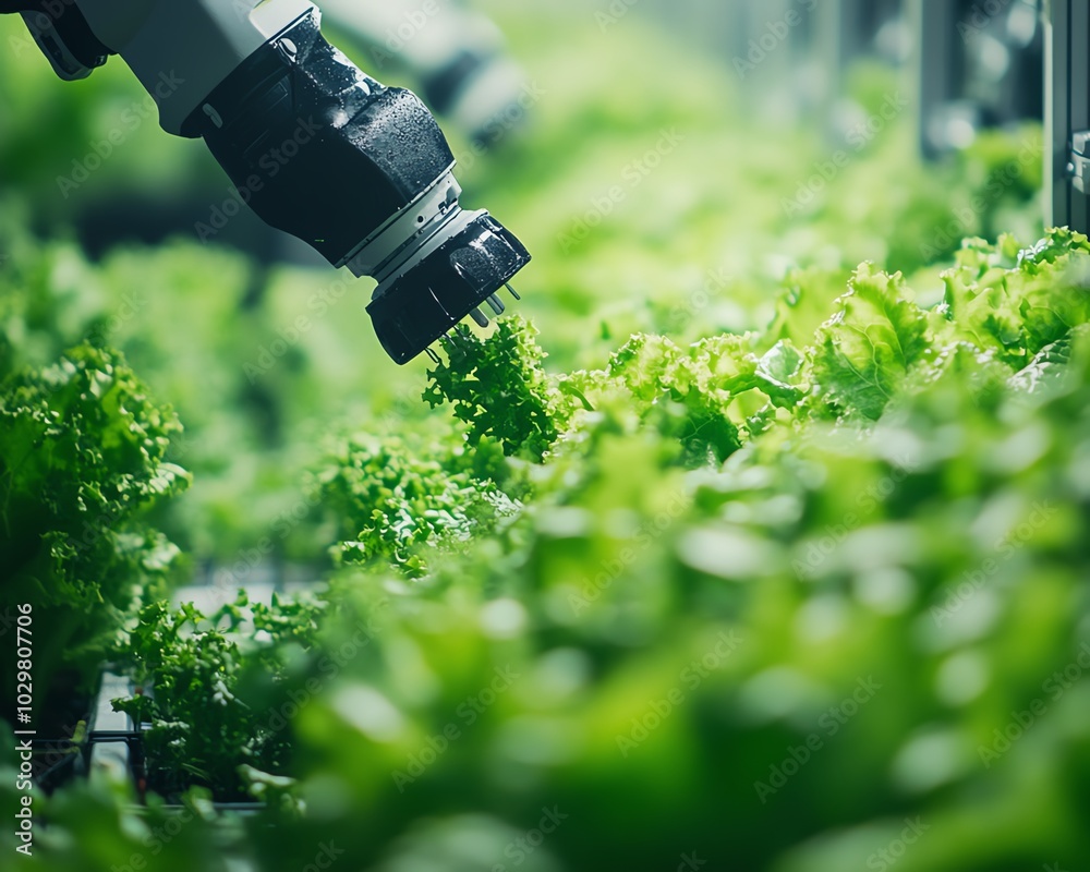 Poster Dynamic image of a robotic arm harvesting hydroponic lettuce in a hightech greenhouse, illustrating the future of smart farming technology