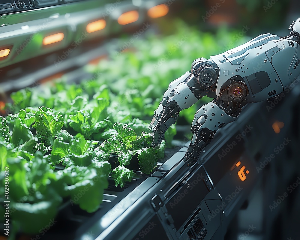 Poster dynamic image of a robotic arm harvesting hydroponic lettuce in a hightech greenhouse, illustrating 