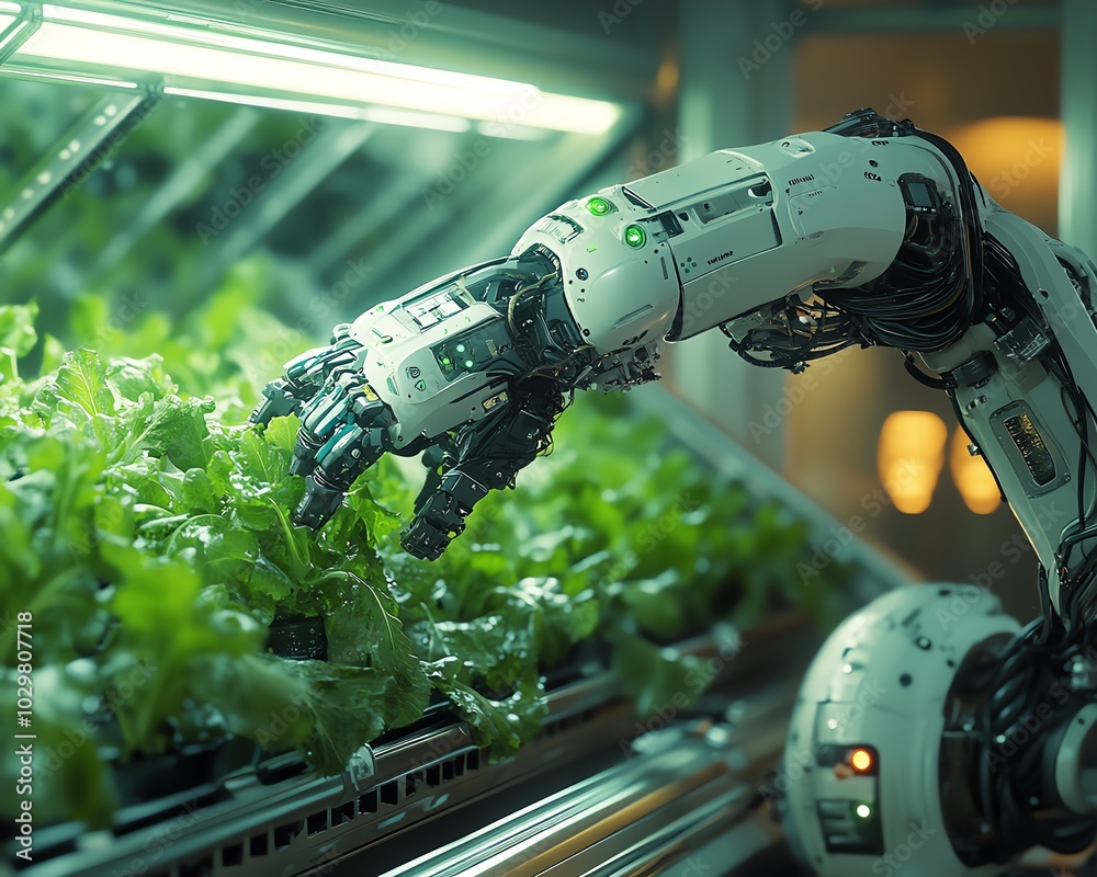 Poster dynamic image of a robotic arm harvesting hydroponic lettuce in a hightech greenhouse, illustrating 