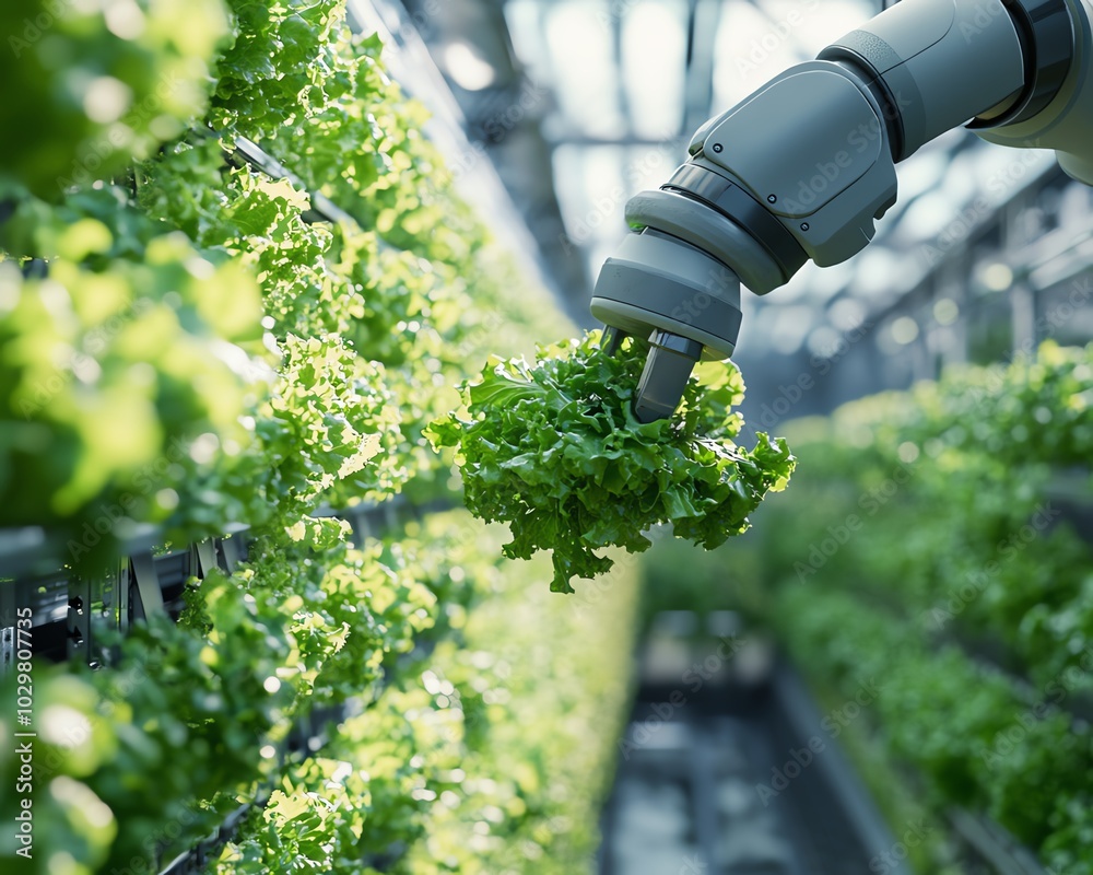 Poster dynamic image of a robotic arm harvesting hydroponic lettuce in a hightech greenhouse, illustrating 